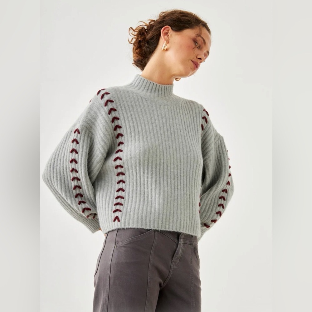 Gray Ribbed Sweater with Maroon Accents